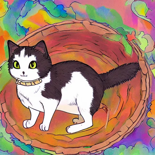 Image similar to illustrated chonky calico calico-cat!!!!!! In the style of Studio Ghibli!!! Calico, Colorful