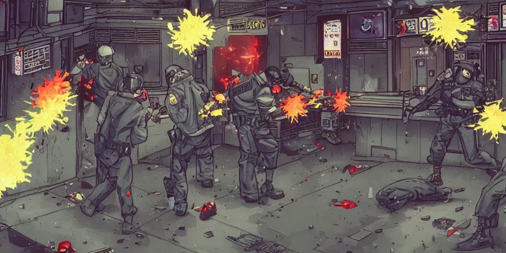 Prompt: 1993 Video Game Screenshot, Anime Neo-tokyo Cyborg bank robbers vs police, Set in Bank Vault Room, bags of money, Multiplayer set-piece, Police officers hit by bullets :5, Police Calling for back up, Bullet Holes and Blood Splatter, :2 ,Hostages, Smoke Grenades, Large Caliber Sniper Fire, Chaos, Cyberpunk, Money, Anime Bullet VFX, Machine Gun Fire, Violent Gun Action, Shootout :3 , Highly Detailed, 8k :6 by Katsuhiro Otomo + Studio Gainax : 8