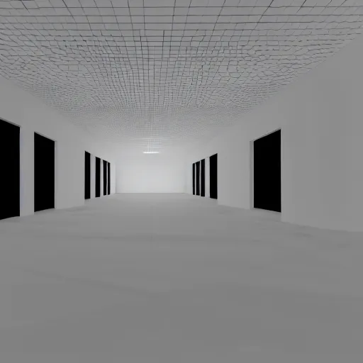 Image similar to inside an empty large white room, no windows, confined space, only walls, 3 d perspective, no distortion, virtual reality