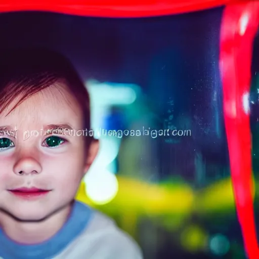 Image similar to closeup portrait of beautiful kid looking through a aquarium fish ball in a tent, mandarin fish, at night with neon lights, excitement, surprise, happiness, professional photoshoot, kodak portra, photographed in film, soft and detailed, realistic, bokeh