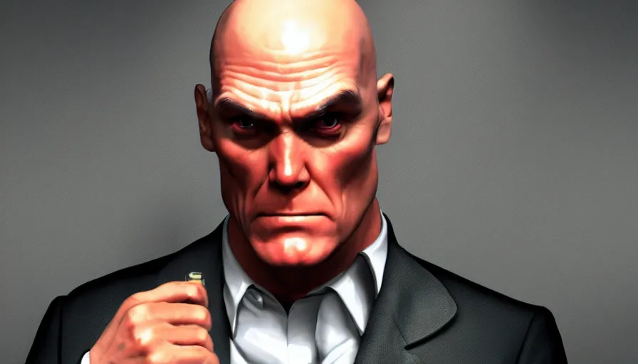 Image similar to Jim Carrey is Agent 47, hyperdetailed, artstation, cgsociety, 8k