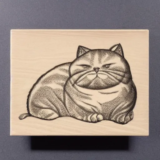 Image similar to woodblock etch of the most chubby cute cat ever, this cute chunky monster has rolls, Epic Cat