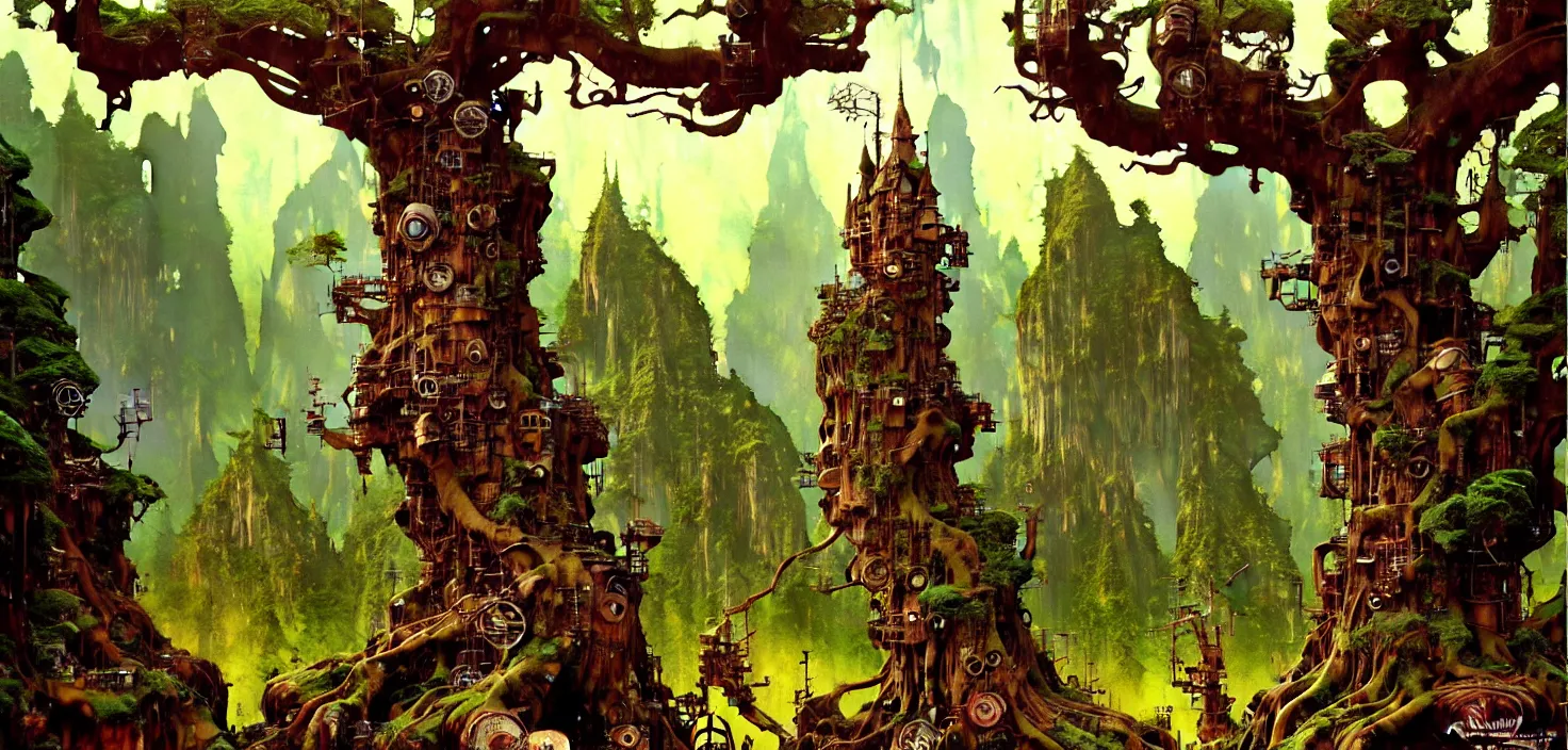 Image similar to exquisite imaginative fantasy landscape lush forests, gnarly trees, with steampunk castles movie poster by : : norman rockwell, sargent, james gurney weta studio, trending on artstation james jean frank frazetta