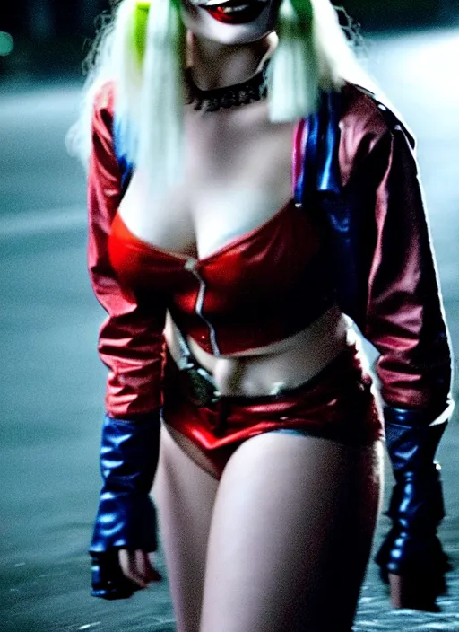 Image similar to 2 8 mm photo of beautiful suicide squad happy margot robbie with long white hair that looks like harley quinn standing on the wet street of dystopian gotham city at night, angry frown, seductive camisole, pinup model, glamour fashion pose, frank miller, jim lee, cinematic, ridley scott, lens flare, annie leibowitz