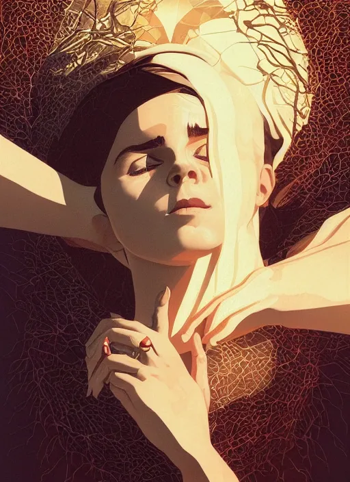 Prompt: poster artwork by Michael Whelan and Tomer Hanuka, Karol Bak of Emma Watson nun, on her knees crying into the sky, from scene from Twin Peaks, clean