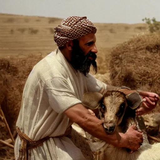 Prompt: cinematic still of angered middle eastern skinned man in ancient Canaanite farmer clothing stabbing a middle eastern skinned shepherd in ancient Canaanite shepherd clothing, garden background, directed by Christopher Nolan