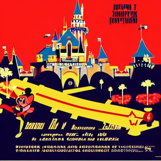 Prompt: Disneyland in the style of a 1930's soviet propganda poster, yellow, black, red, grainy, disneyland