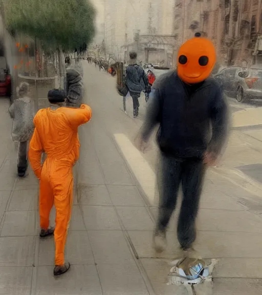 Prompt: : realistic photograph of an orange robot : helping an elderly man cross the street + by Edgar Maxence and Ross Tran