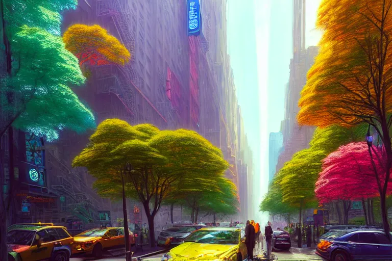 Prompt: a hyper - detailed 3 d render of a solarpunk bright vivid new york city with colorful trees and plants, surreal concept art, lifelike, photorealistic, digital painting, aesthetic, smooth, artstation hd, by greg rutkowski, klimt and nixeu and ian sprigger and wlop and krenz cushart,