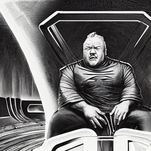 Image similar to ray winstone as baron harkonnen sitting on throne in dystopian science fiction hall in 1982 movie dune, by boris vallejo