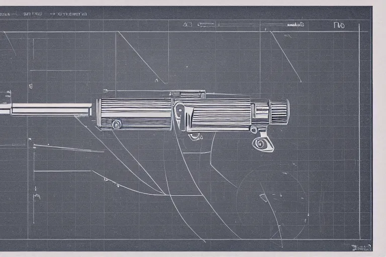 Image similar to blueprint of a laser space gun, technical drawing, concept art, centered with clear border