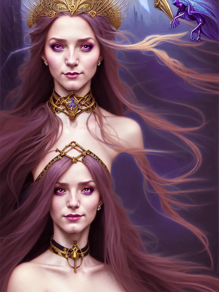 Prompt: portrait of a gorgeous female sorceress, looking at camera, D&D, choker on neck, stylish dress, very long flowing hair, intricate, elegant, stylish, cute smile, fantasy, extremely detailed, digital painting, artstation, concept art, smooth, sharp focus, illustration, ambient lighting, art by artgerm and greg rutkowski and alphonse mucha and simon stalenhag