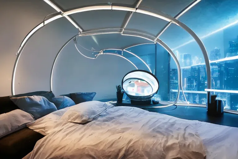 Image similar to a futuristic sparse bedroom with large curved ceiling high windows looking out to a far future cyberpunk cityscape, flying drones outside, night time, cyberpunk neon lights, raining