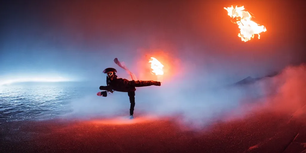 Image similar to fisheye slow motion with trail fire and smoke effect of futuristic break dancer wearing long dark cloak and golden helmet emitting fire, long exposure shot , enigmatic, at night in the middle of the arctic with red light A letter, paddle of water, steam, fog, water splashes, rim lights, glossy reflections, water droplets on lens, octane render, Volumetric dynamic lighting, stunning cover magazine, high details, hajime sorayama