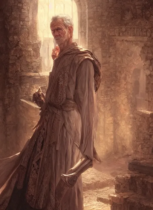 Image similar to realistic portrait painting of a male cleric, old mystic ruins, afternoon, intricate, elegant, highly detailed, digital painting, sharp, focus, by artgerm and greg rutkowski