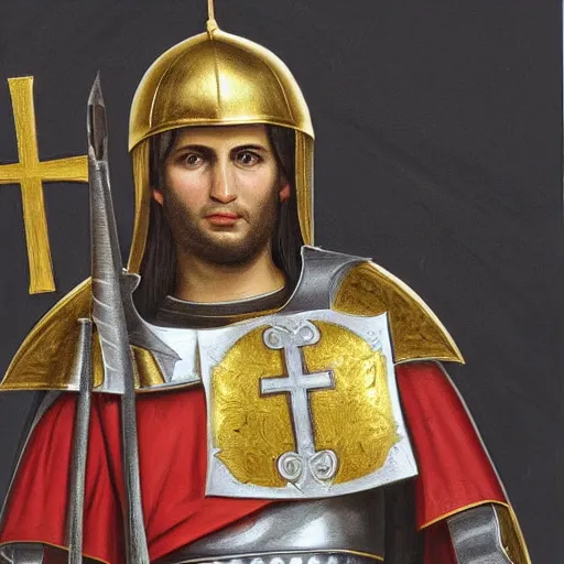 Prompt: portrait of bachir gemayel as a crusader knight with a maronite cross on his chest, wearing a golden shining armor, with a longsword and a golden kiteshield, hightly detailed, ultra realistic, intricate details, perfect lighting by raffaele pagani