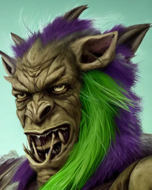 Prompt: A head and shoulder portrait of a Dungeons and Dragons bugbear with green hair and purple eyes he looks angry at his knife by Greg Rutkowski, Sung Choi, Mitchell Mohrhauser, Maciej Kuciara, Johnson Ting, Maxim Verehin, Peter Konig, final fantasy, 8k photorealistic, cinematic lighting, HD, high details, dramatic, epic atmosphere, trending on artstation