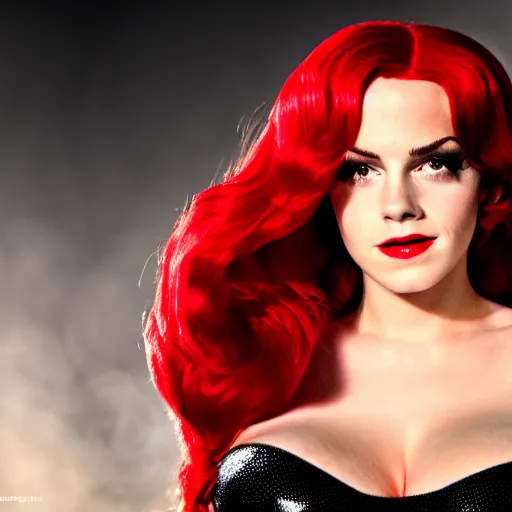 Image similar to Jessica Rabbit cosplay by Emma Watson, 8k, professional photography, cinematic studio shot, dark, smoke