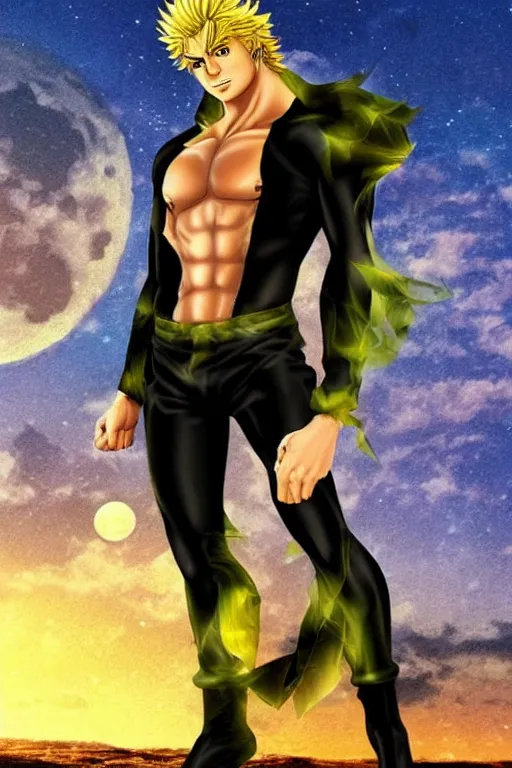 Dio Brando posing dramatically with a full moon behind