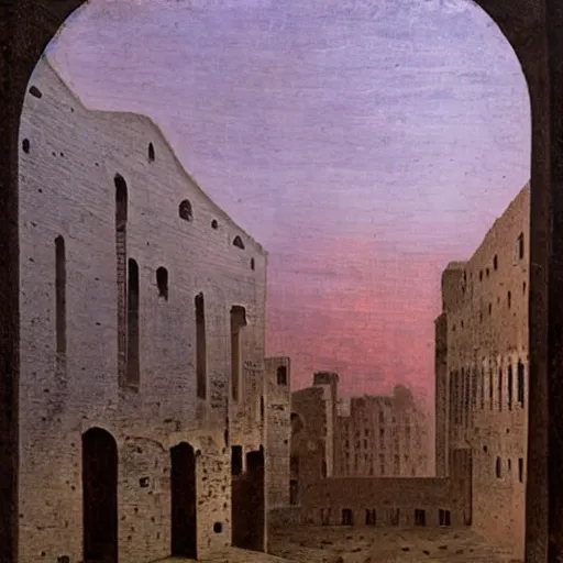 Image similar to an old ruin of a city with a soft hivernal light painting by de chirico