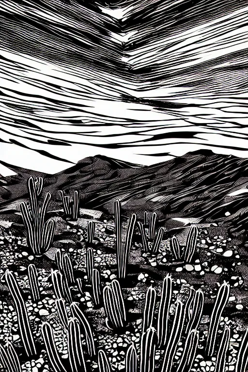Prompt: art by brian reedy, a beautiful black ink linocut print of a desert with scattered cactus, 8 k, frostbite 3 engine, cryengine, dof, trending on artstation, digital art, crepuscular ray