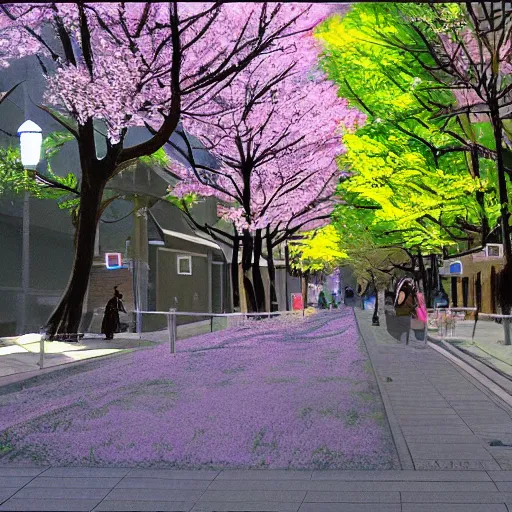Prompt: painterly, i walk in tachikawa - shi, tokyo. volumetric lighting, spring, nice weather, realistic illustration, perfectly shaded, soft painting, art