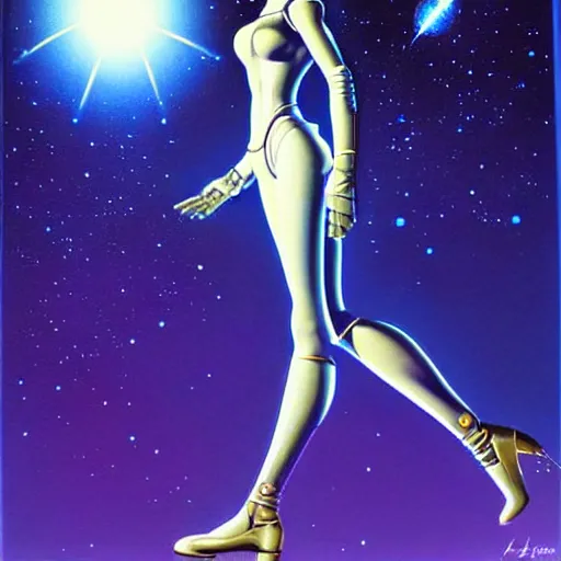 Image similar to futuristic space woman, blue sky art by peter lloyd, 1 9 8 0's art, airbrush style, art by hajime sorayama,, intricate, elegant, sharp focus, illustration, highly detailed, concept art, matte, sharp focus, illustration, highly detailed, 6 4 0