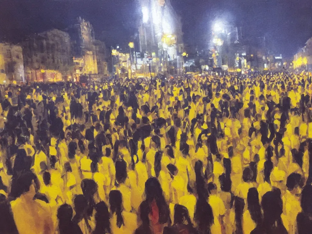 Prompt: first person view in a big parade at night, everyone have yellow clothes, one girl staring at you smiling, photorealistic oil painting, POV