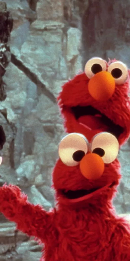 Prompt: a still of Elmo in Indiana Jones 1981