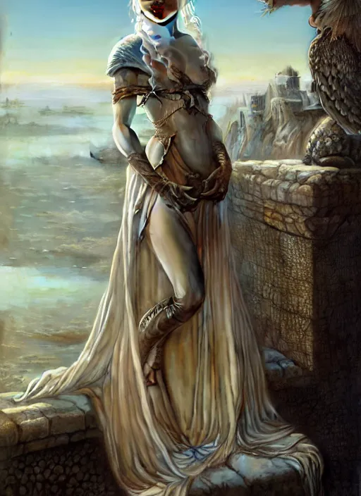 Image similar to a painting of Daenerys Targaryen in fantastic dress next to a dragon, by Jaime Jones,Tom Bagshaw,Lawrence Alma-Tadema,greg rutkowski,deviantart contest winner, fantasy art, daz3d,intricate,elegant,highly detailed,8k,digital painting,concept art, sharp focus, illustration,golden ratio