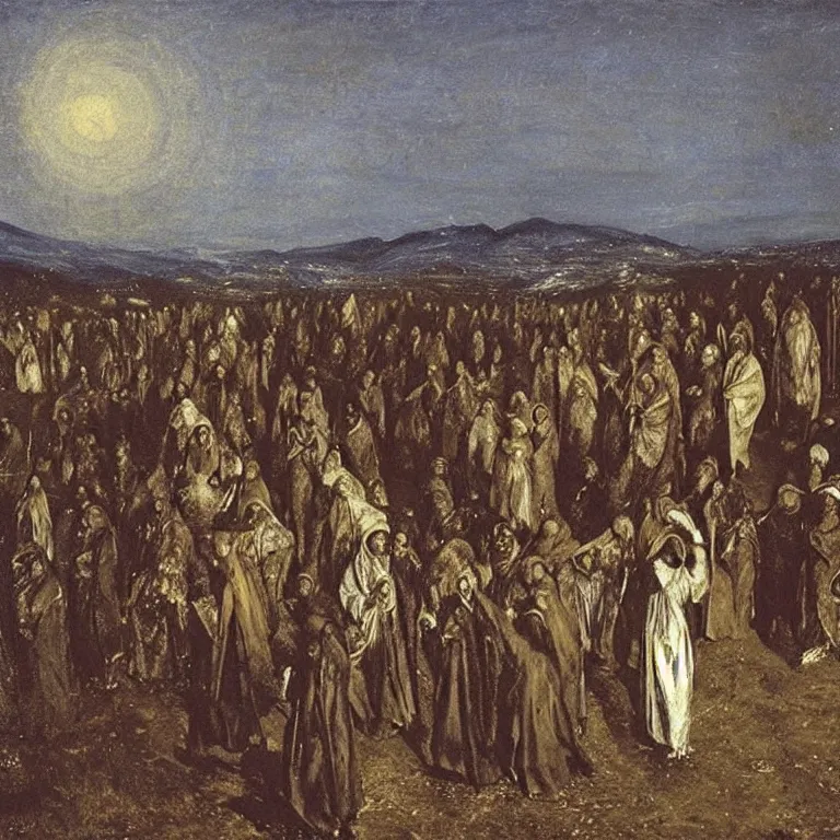 Image similar to A Holy Week procession of souls in a Spanish landscape at night. A figure at the front holds a cross. El Greco, John Atkinson Grimshaw. Blue tint.