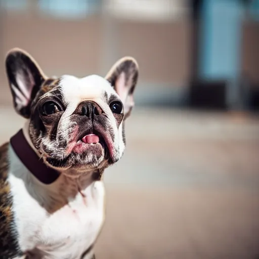 Prompt: photo of a sad white and brown french bulldog with a cone around his head - n 9