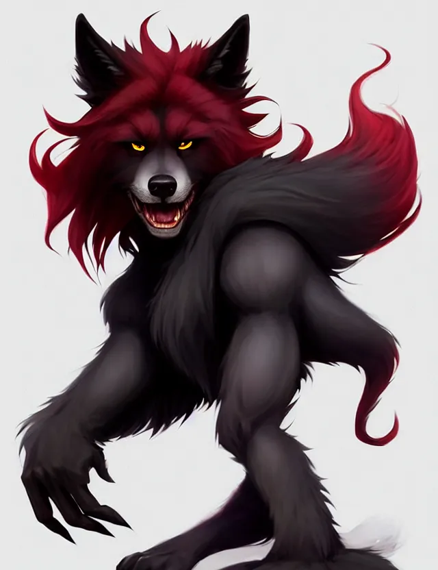 Image similar to character concept art of a black anthropomorphic male furry wolf long red hair | | cute - fine - face, pretty face, key visual, realistic shaded perfect face, fine details by stanley artgerm lau, wlop, rossdraws, james jean, andrei riabovitchev, marc simonetti, and sakimichan, trending on artstation