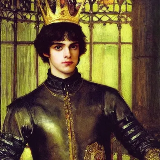 Image similar to painting of handsome beautiful medieval prince in his 2 0 s named shadow wearing a golden crown, elegant, clear, sharp focus, painting, stylized, art, art by john everett millais, john william waterhouse