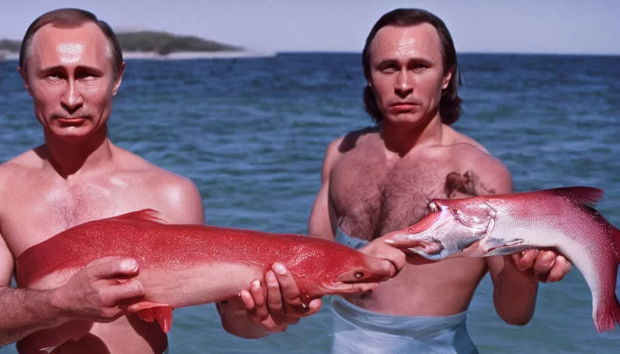 Image similar to 7 0 s movie still of putin in speedo, proudly holding a salmon, focus on eyes. cinestill 8 0 0 t _ 3 5 mm eastmancolor, heavy grain, high quality, high detail