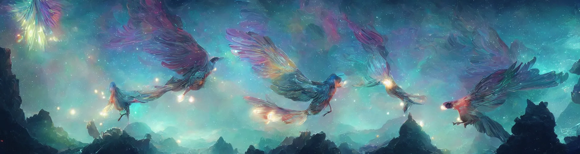 Image similar to a crystal bird bird, psychedelic, 4k, underneath the stars, rainbow fireflies, trending on patreon, deviantart, twitter, artstation, volumetric lighting, heavy contrast, art style of Greg Rutkowski and Miho Hirano and Ross Tran