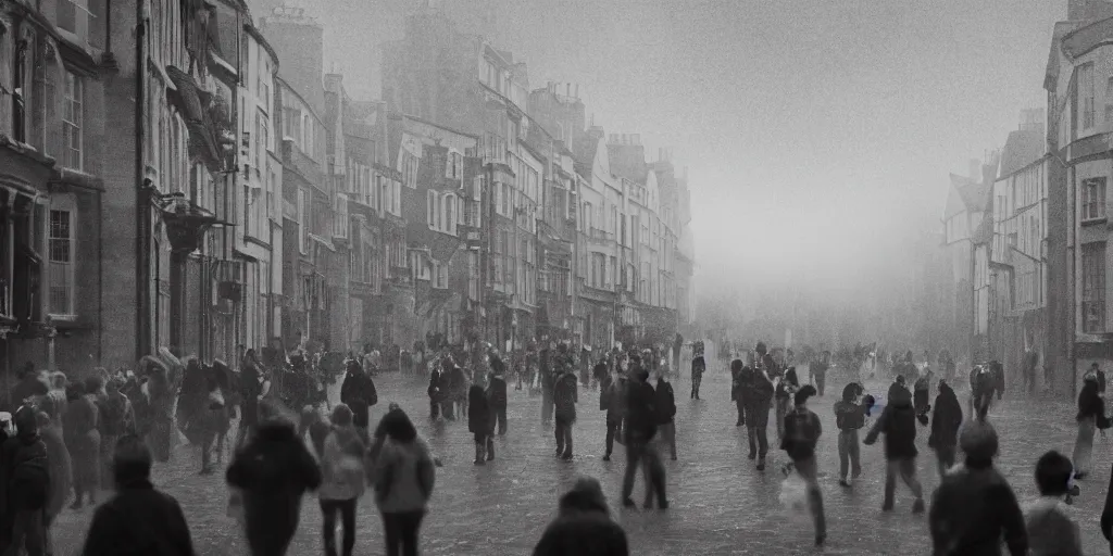 Image similar to crowds of people in the streets of Oxford England 1810, ight, ominous, light mist, light rain, Canon 5D, DSLR, 8k, photo, by Laurence Norah and Luke Stackpoole, unreal engine, ray tracing, cgsociety, artstation