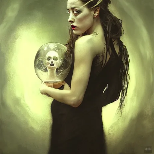 Image similar to hyperrealistic portrait of amber heard as a vampire witch in a black coat holding a human skull as a crystal ball. by jeremy mann and alphonse mucha, fantasy art, photo realistic, dynamic lighting, artstation, poster, volumetric lighting, very detailed faces, 4 k, award winning