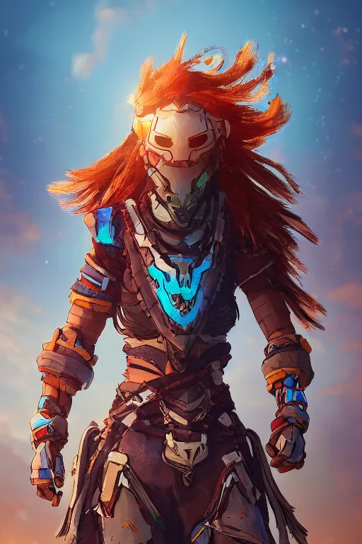 Image similar to combination suit armor aloy horizon forbidden west horizon zero dawn radiating a glowing aura global illumination ray tracing hdr fanart arstation by ian pesty and alena aenami artworks in 4 k tribal robot ninja mask helmet backpack