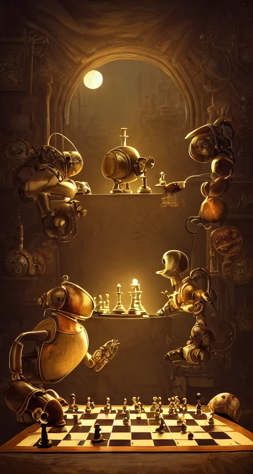 Image similar to a beautiful tapestry, a small robot playing chess, ultra detailed, subtle atmospheric lighting, shadows, night time, moon light shining through a window, steampunk, moody, candles, characters from machinarium, by don bluth, trending on artstation, octane render, 8 k, ultra realistic