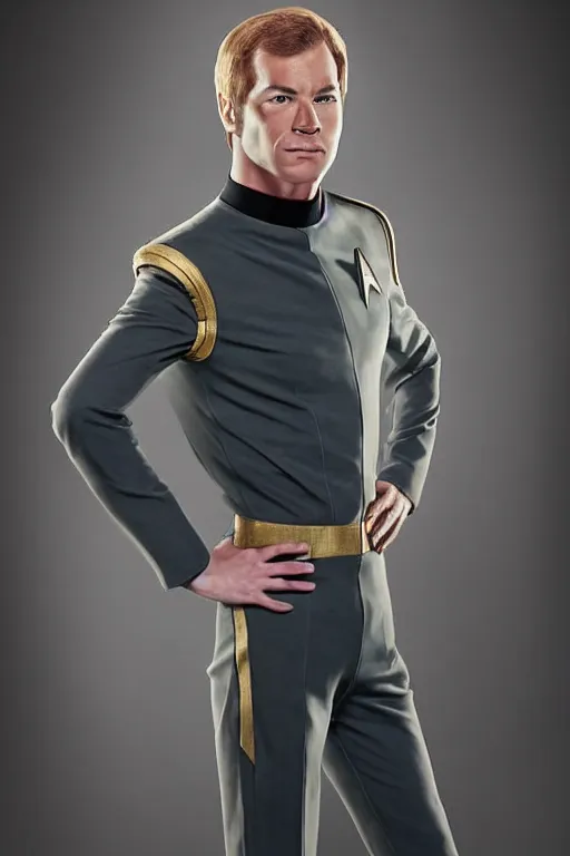 Prompt: full body digital portrait of scrawny captain james t kirk, starfleet uniform, star trek the next generation, sensual, smooth, elegant, sharp focus, highly detailed
