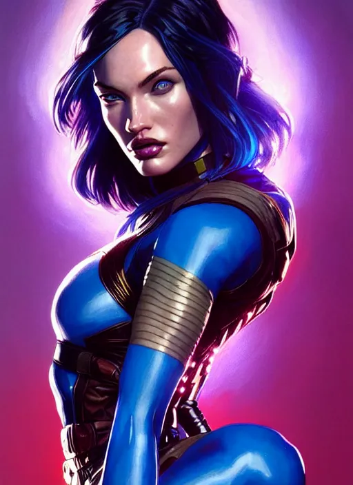 Image similar to portrait of apex legends megan fox as mystique from x - men, intricate, elegant, glowing lights, highly detailed, digital painting, artstation, glamor pose, concept art, smooth, sharp focus, illustration, art by artgerm and greg rutkowski, artey freytag