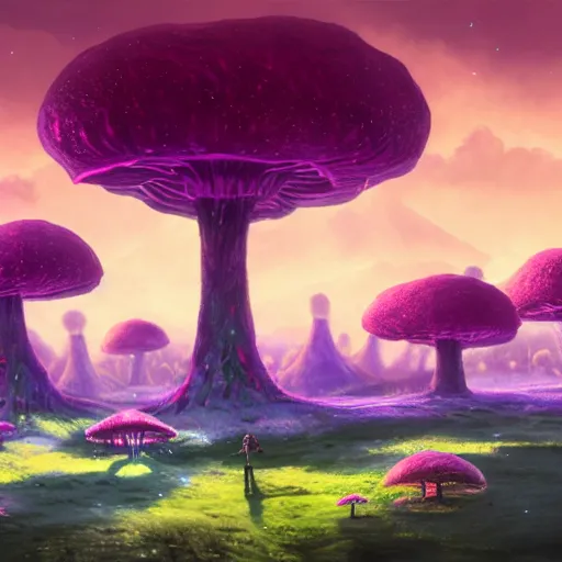 Image similar to concept art painting of a fantasy alien fungal landscape at night, magenta trees, glowing blue mushrooms, village of houses made of mushrooms, dark purple sky, realistic, detailed, cel shaded, in the style of makoto shinkai and greg rutkowski and albert bierstadt and james gurney