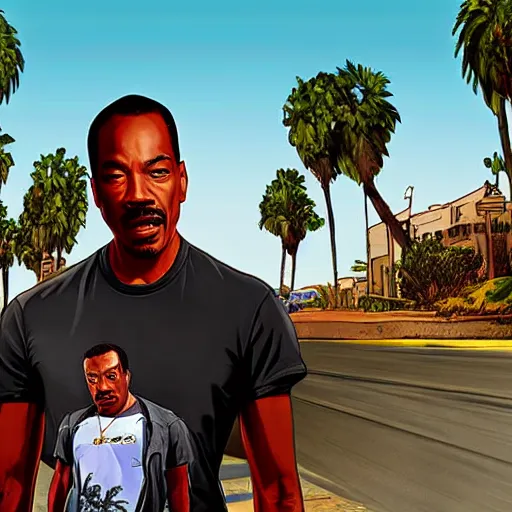 Image similar to Eddie Murphy in GTA V. Los Santos in the background, palm trees. In the art style of Stephen Bliss