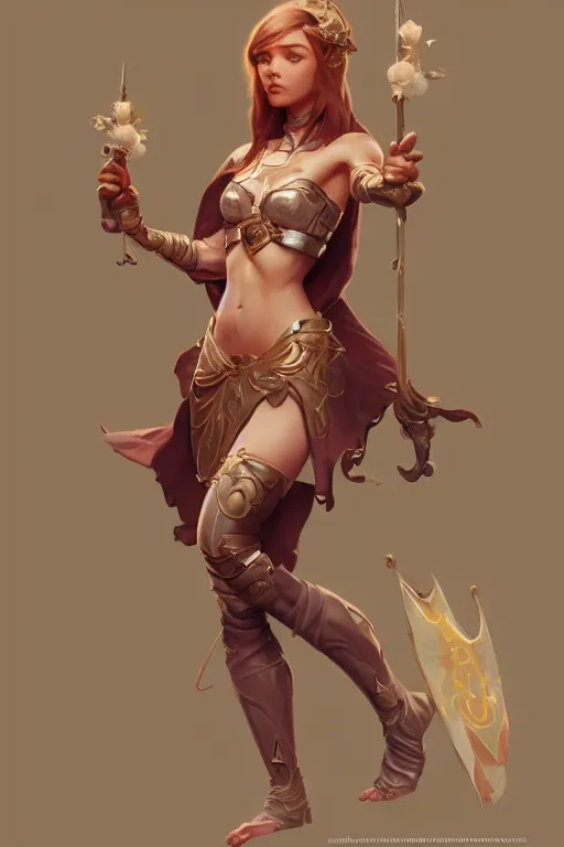 Prompt: a cute fantasy woman character, accurate anatomy, only two hands, highly detailed, digital painting, artstation, concept art, smooth, sharp focus, illustration, Unreal Engine 5, 8K, art by ross tran and greg rutkowski and alphonse Mucha