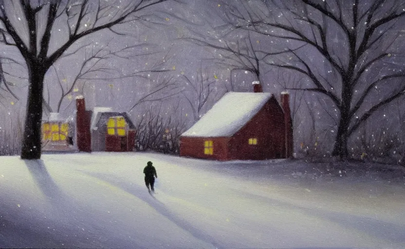 Image similar to snowy dark night scene depicting a single house in the woods with one bright window and a man running away from it. oil painting.