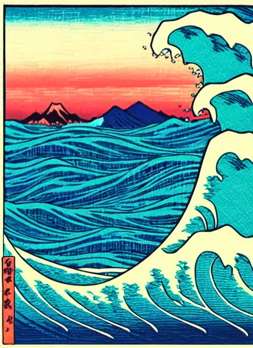 Image similar to a painting of waves in the ocean with mountains in the background, a woodcut by utagawa hiroshige ii, pixiv, ukiyoe, ukiyoe, vaporwave, woodcut