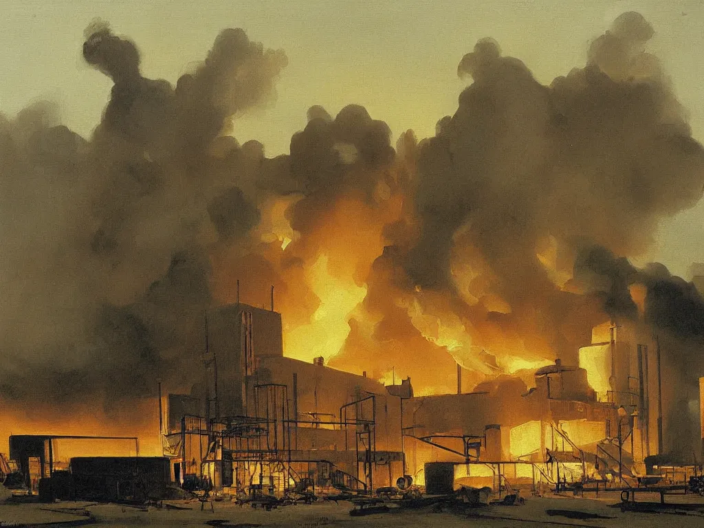 Image similar to a painting of an explosion in a factory by peter ilsted