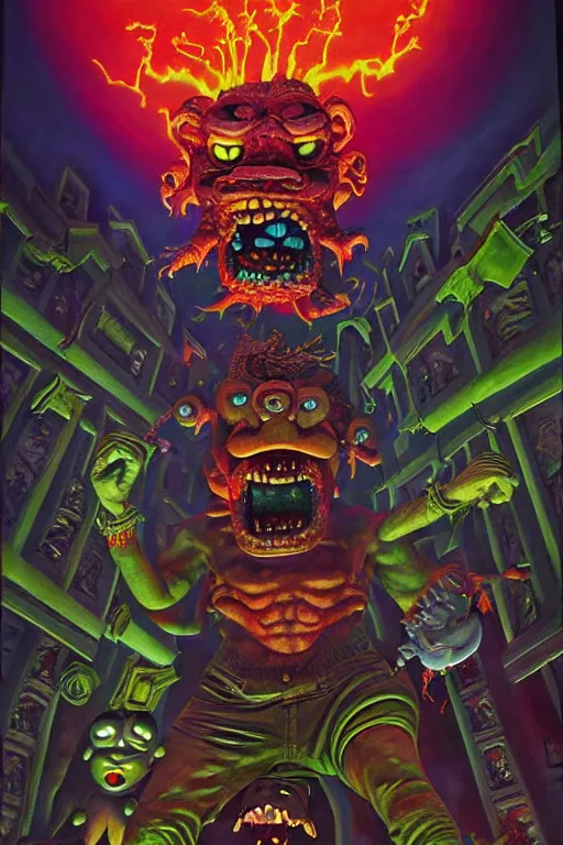 Image similar to a hyperrealistic painting of an epic boss fight against monster hey arnold!! ornate supreme dark overlord, cinematic horror by chris cunningham, lisa frank, richard corben, highly detailed, vivid color,