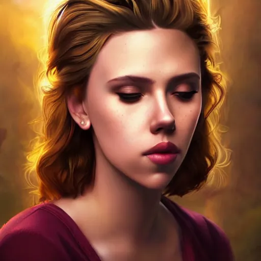 Image similar to a beautiful scenic painting of a beautiful young woman that looks like scarlett johansson by artgerm and wlop and wes anderson and spike jonze